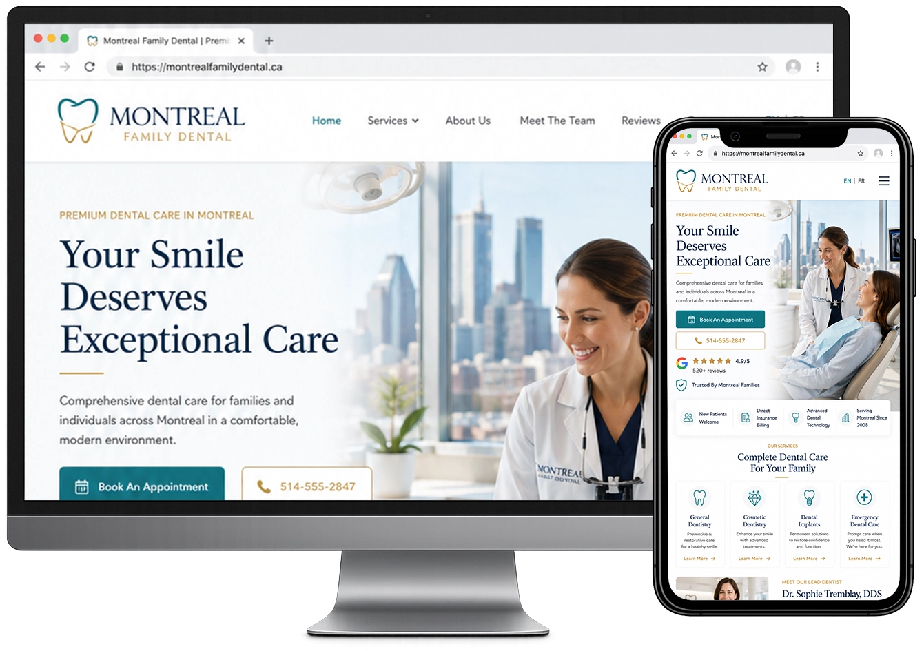 Responsive bilingual dental website mockup displayed on desktop and mobile devices as an example of a custom website design for a dental clinic.
