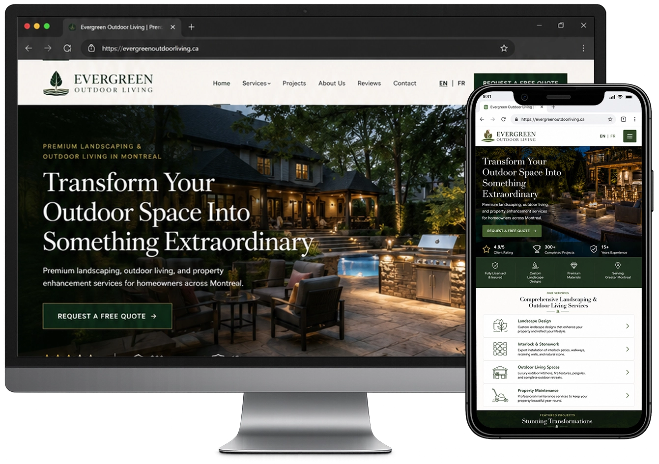 Responsive bilingual landscaping website mockup displayed on desktop and mobile devices as an example of a custom website design.