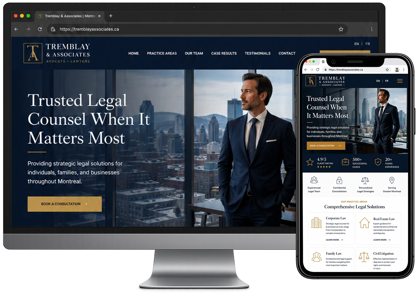 Responsive bilingual law firm website mockup displayed on desktop and mobile devices as an example of a custom website design.