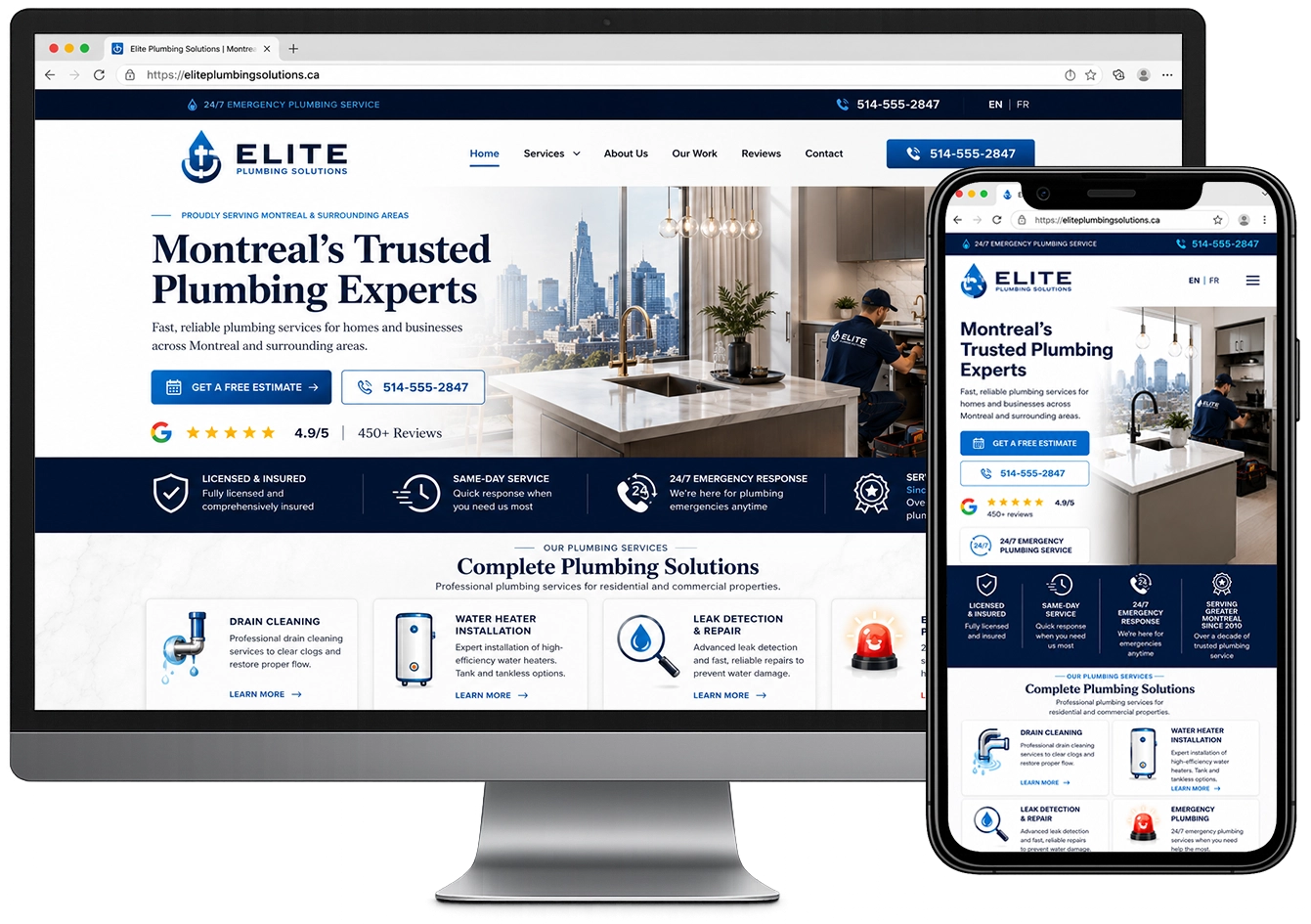 Responsive bilingual plumbing website mockup displayed on desktop and mobile devices as an example of a custom website design for a plumbing company.