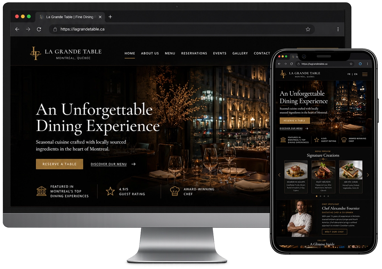 Responsive bilingual restaurant website mockup displayed on desktop and mobile devices as an example of a custom website design.