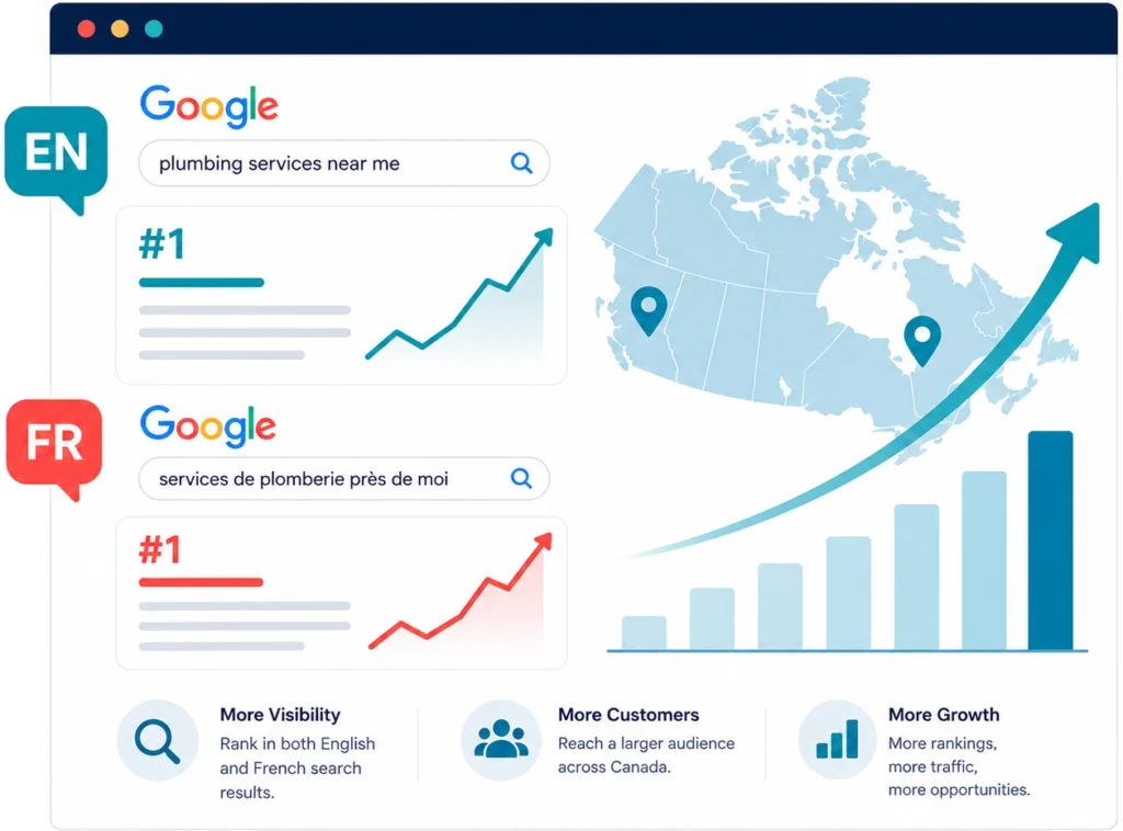 Illustration showing how bilingual SEO helps websites rank in English and French Google search results across Canada through multilingual search optimization.