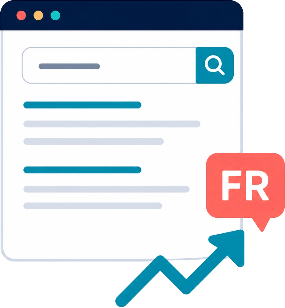 Illustration showing a bilingual SEO strategy that helps websites rank for English and French keywords through multilingual search optimization.