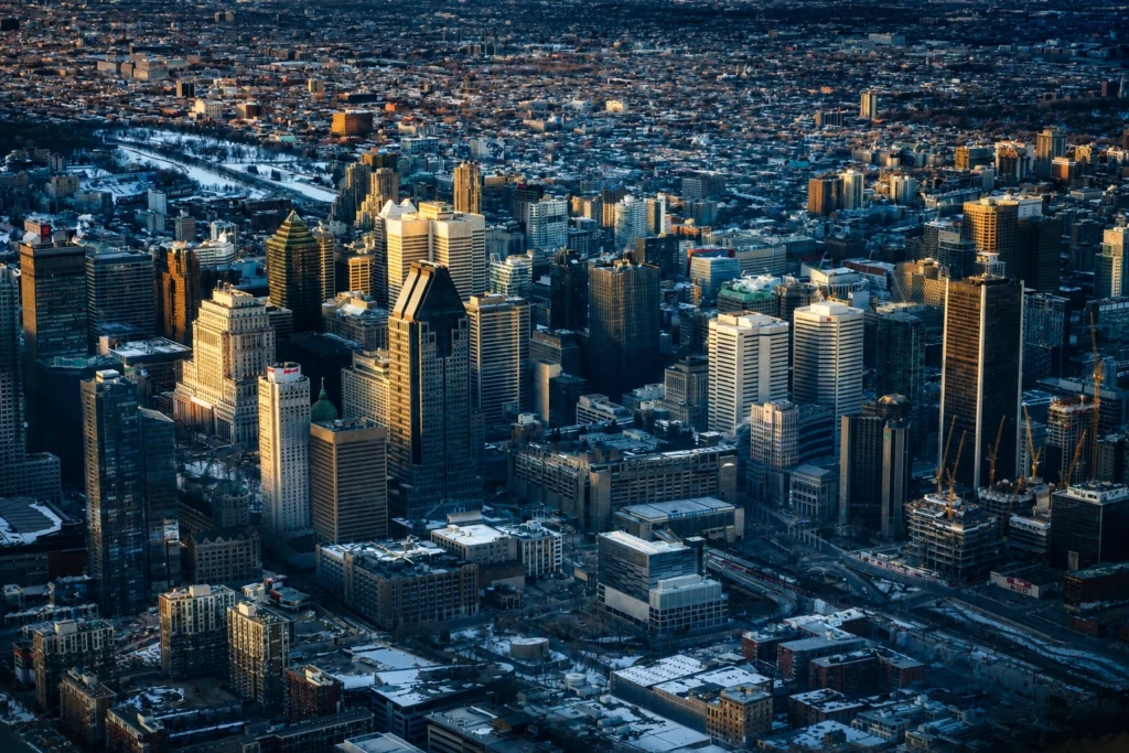 Aerial view of downtown Montreal representing Bilingual Websites, a Canadian web design agency specializing in bilingual website design for businesses across Canada.