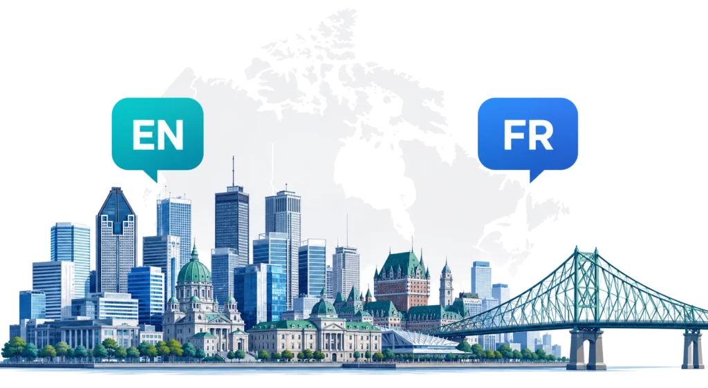 Professional bilingual web design illustration featuring a Canadian skyline, Canada map, Jacques Cartier Bridge, and English and French speech bubbles.