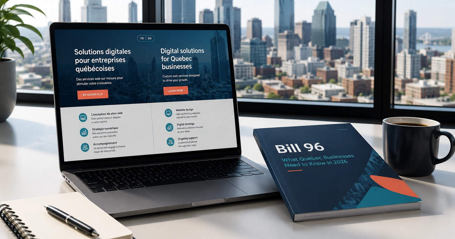 Laptop displaying a bilingual French and English business website beside a Bill 96 booklet in a modern Montreal office, representing Quebec website language requirements.