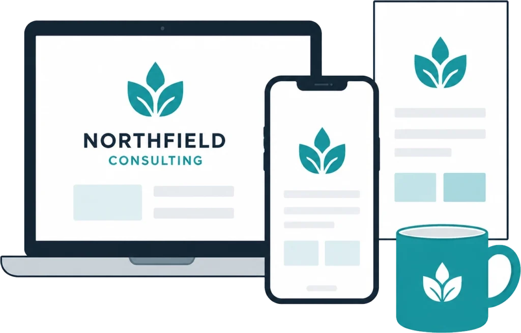Branding illustration showing a consistent brand identity across a website, mobile device, print materials, and promotional products.