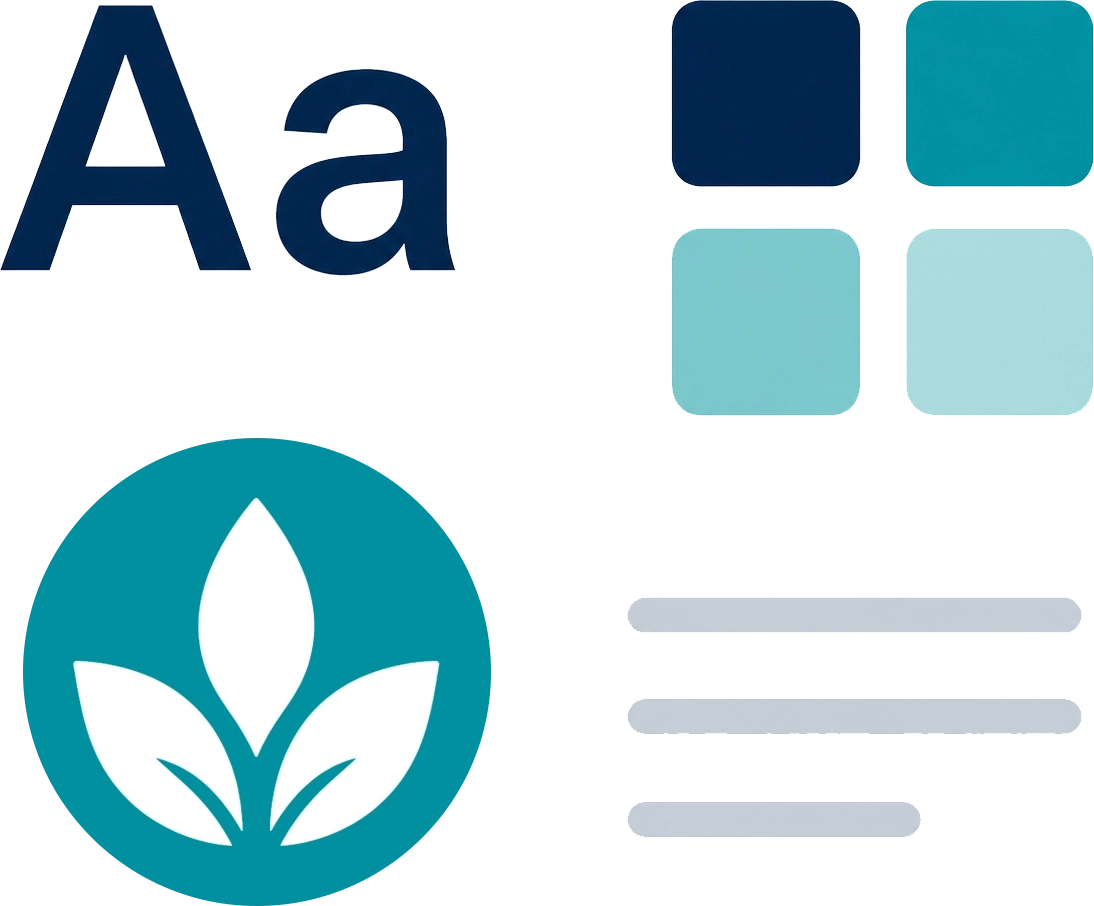 Brand identity illustration featuring typography, color palette, logo icon, and visual identity design elements.