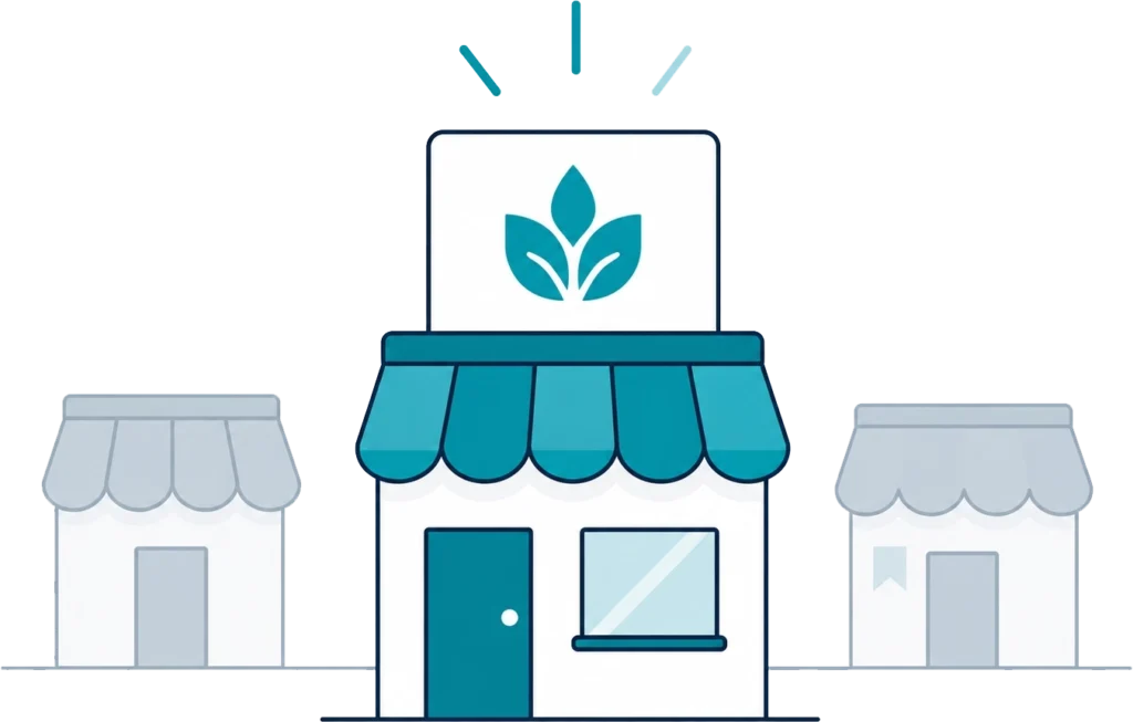 Branding illustration showing a distinctive storefront with a custom logo, representing how professional branding helps businesses stand out from competitors.