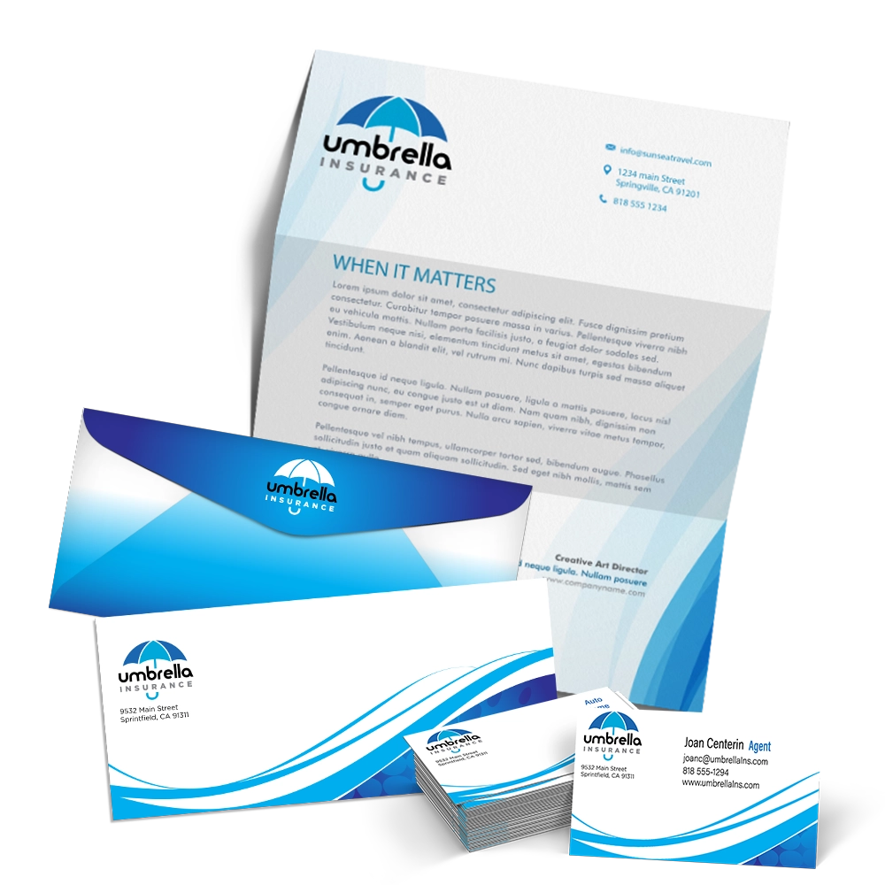 Professional business branding and graphic design illustration featuring branded stationery, business cards, letterhead, envelopes, and marketing materials.
