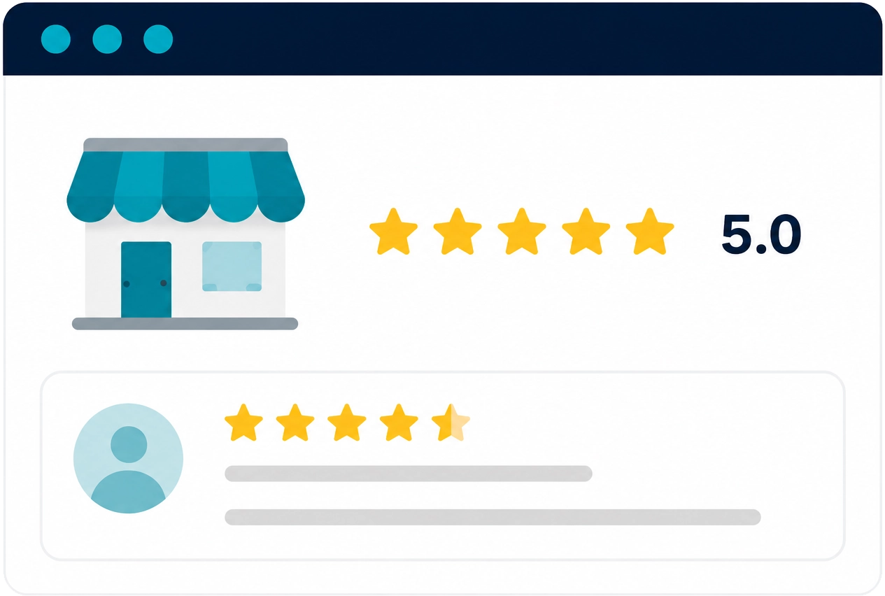 Local SEO illustration showing a Google Business Profile with a five-star rating and customer review, representing positive reviews, customer trust, and improved local search visibility.