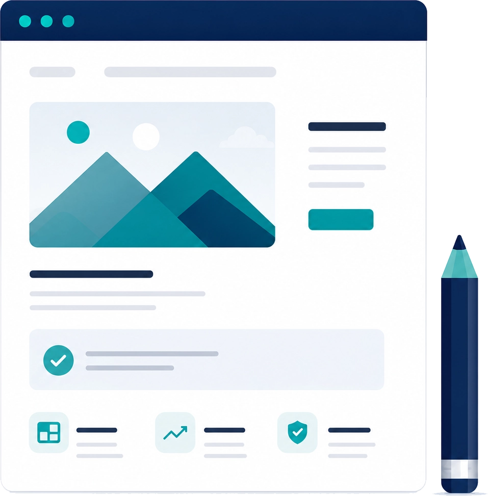 Illustration of a professional website layout representing website design, branding, and a strong online foundation for businesses.