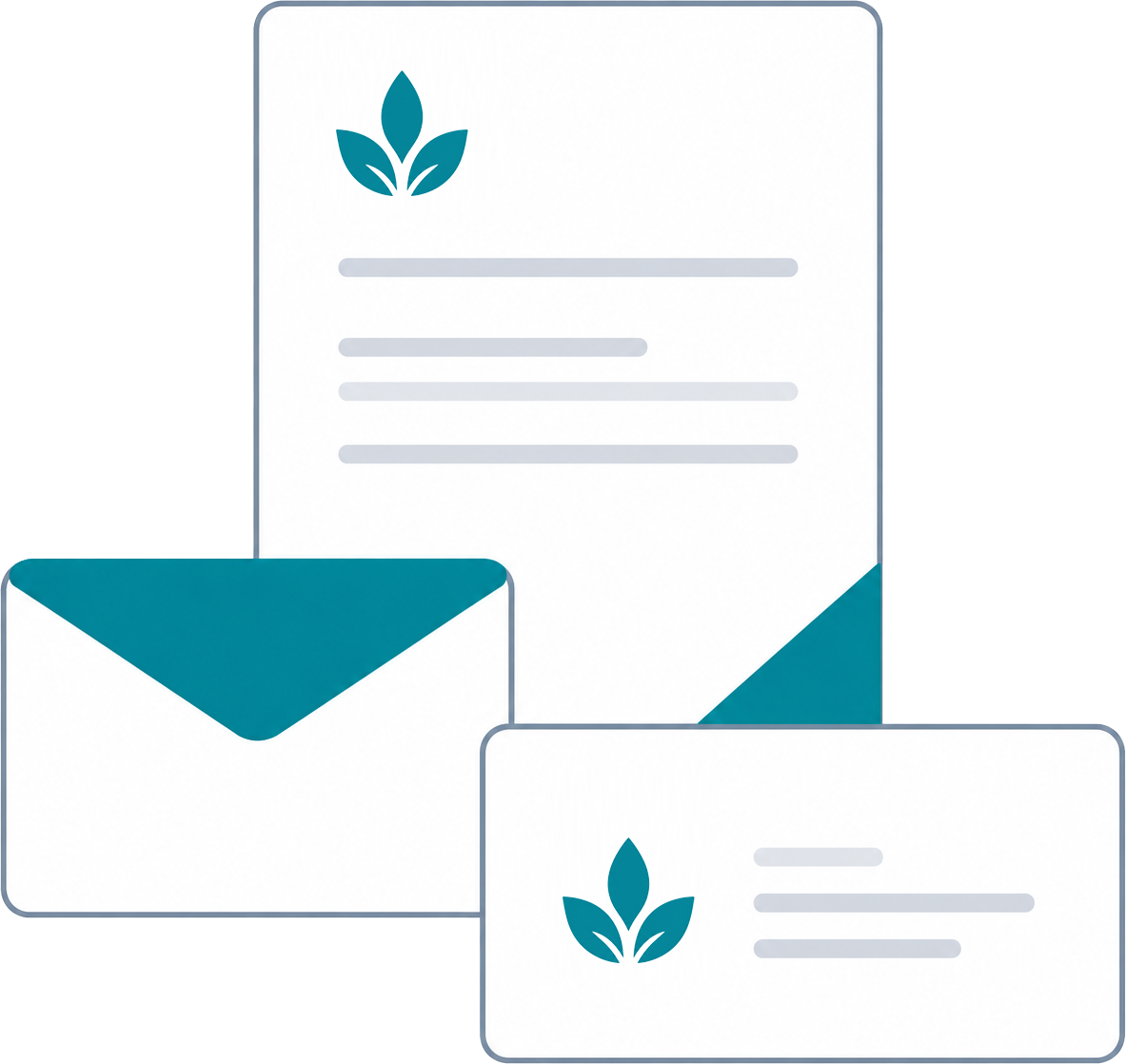 Business stationery illustration featuring professionally branded letterheads, envelopes, and business cards.