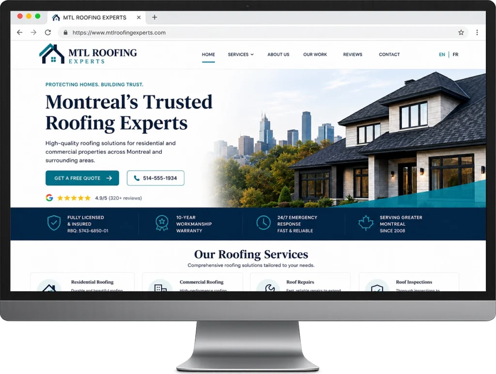English desktop version of a bilingual roofing website designed for Canadian businesses