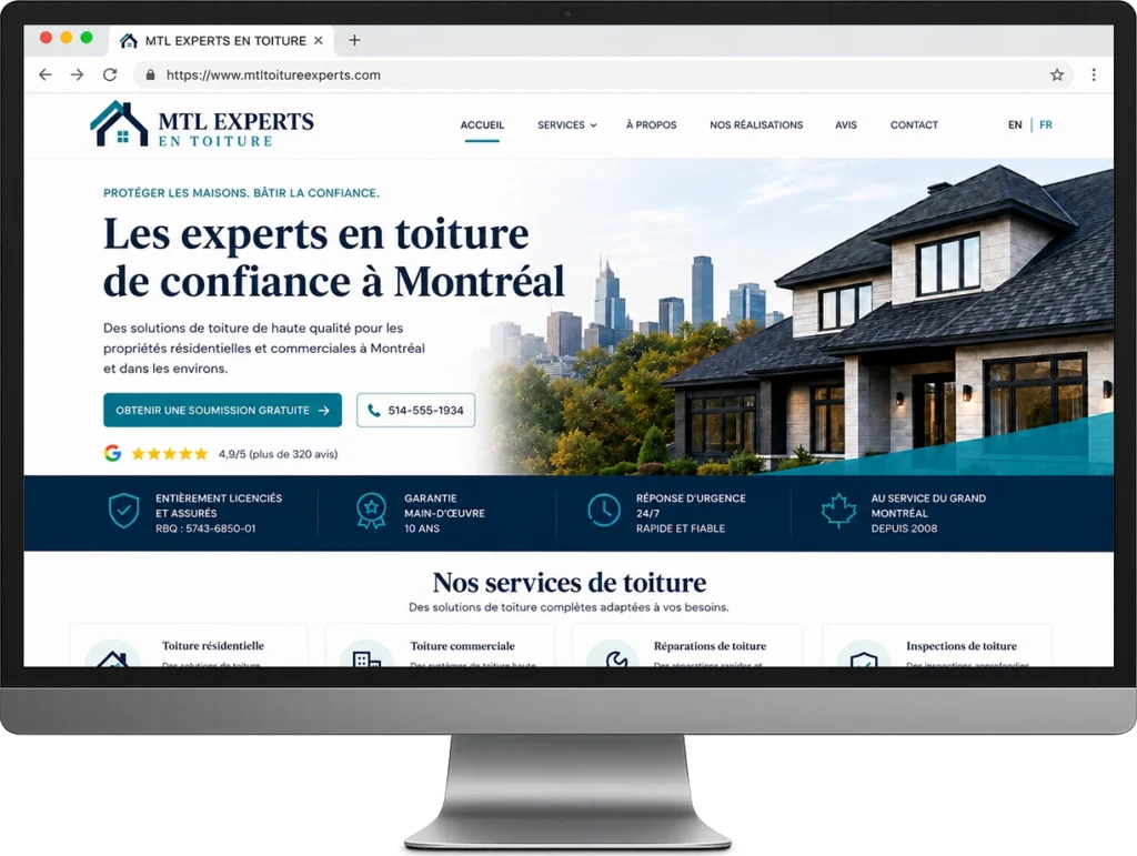 French desktop version of a bilingual roofing website designed for Canadian businesses