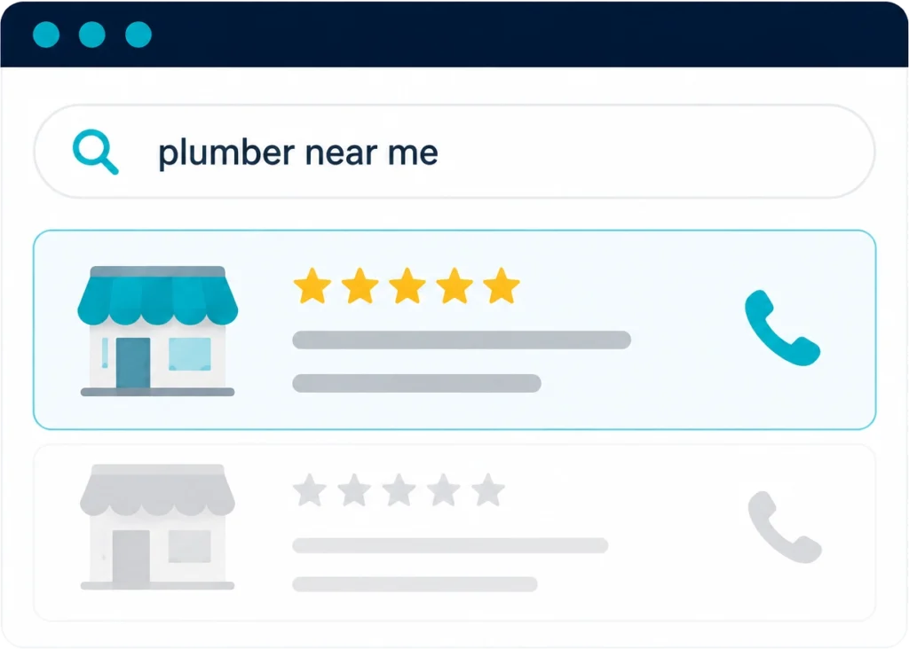 Illustration showing Local SEO helping a business appear in local Google Search results to attract nearby customers, increase phone calls, and generate qualified local leads.