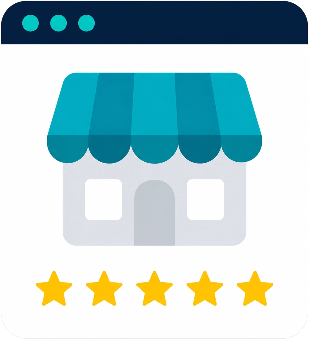 Local SEO illustration showing a business storefront with a five-star rating representing Google Business Profile optimization for improved local search visibility and customer trust.