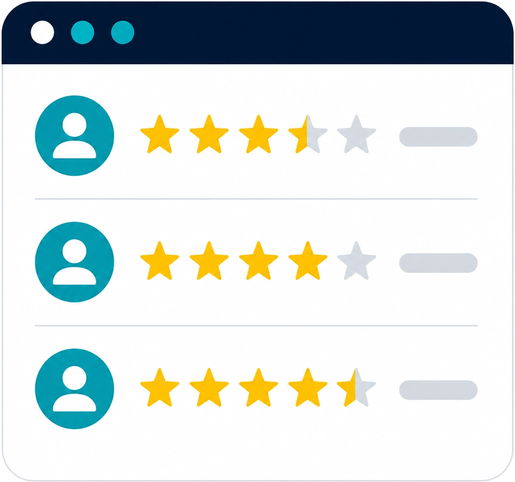 Local SEO illustration showing customer reviews and star ratings to represent Google review management, online reputation, and customer trust.