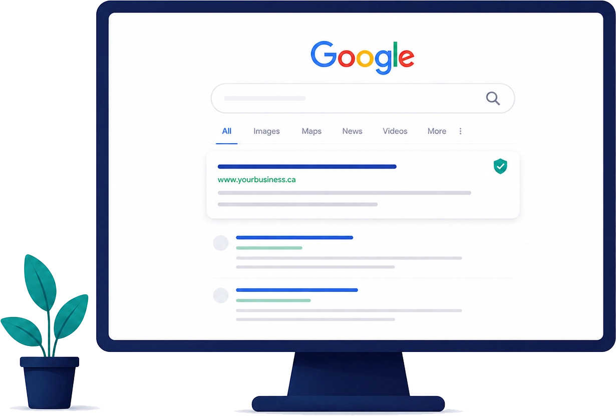 Illustration of a computer displaying search engine results to represent SEO services, search visibility, and higher Google rankings.