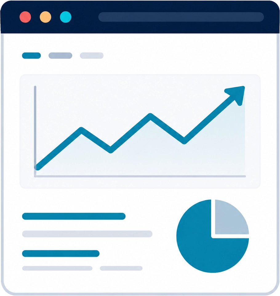 Illustration showing SEO growth reporting with ranking improvements, performance analytics, and organic traffic tracking for long-term search engine optimization.