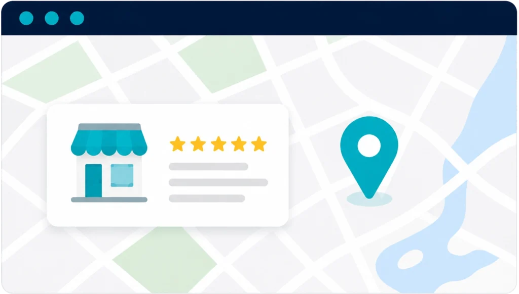 Local SEO illustration showing a Google Maps business listing with customer reviews and a map location pin to represent improved local search visibility.