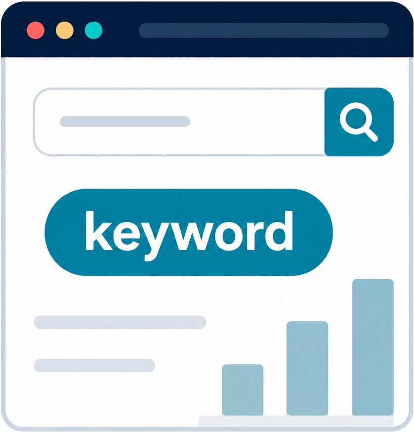 Illustration representing SEO keyword research, including search term analysis, keyword discovery, search intent, and SEO strategy development.