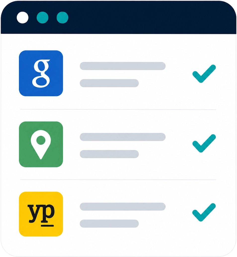 Local SEO illustration showing business directory listings and NAP consistency to improve local search visibility, business authority, and search engine trust.