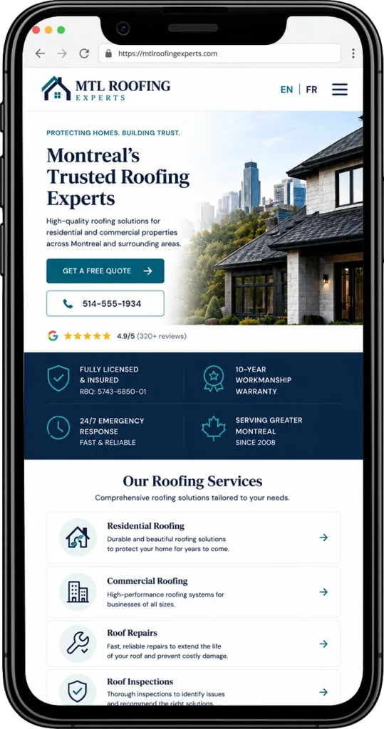 English mobile version of a bilingual roofing website designed for Canadian businesses