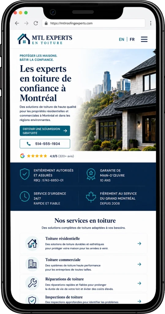 French mobile version of a bilingual roofing website designed for Canadian businesses