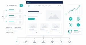 Flat vector illustration showing the multilingual SEO ecosystem, including bilingual website architecture, search discovery, technical SEO, and organic search growth.