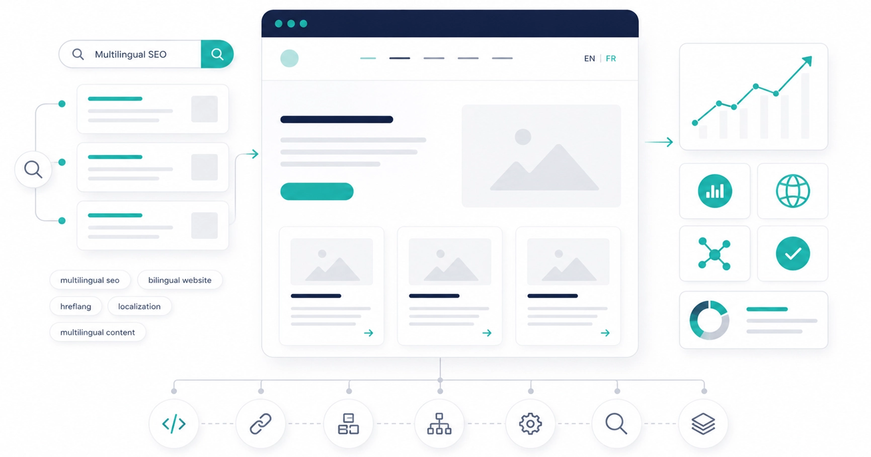 Flat vector illustration showing the multilingual SEO ecosystem, including bilingual website architecture, search discovery, technical SEO, and organic search growth.