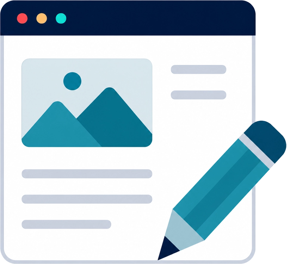 Illustration representing on-page SEO optimization, including content, headings, images, metadata, and internal linking to improve search visibility.