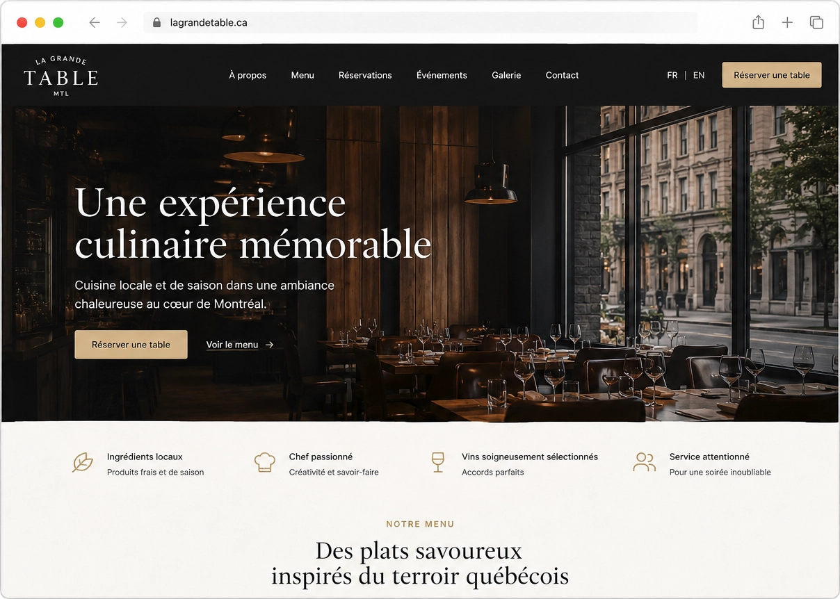 Bilingual restaurant website design mockup for a Canadian business