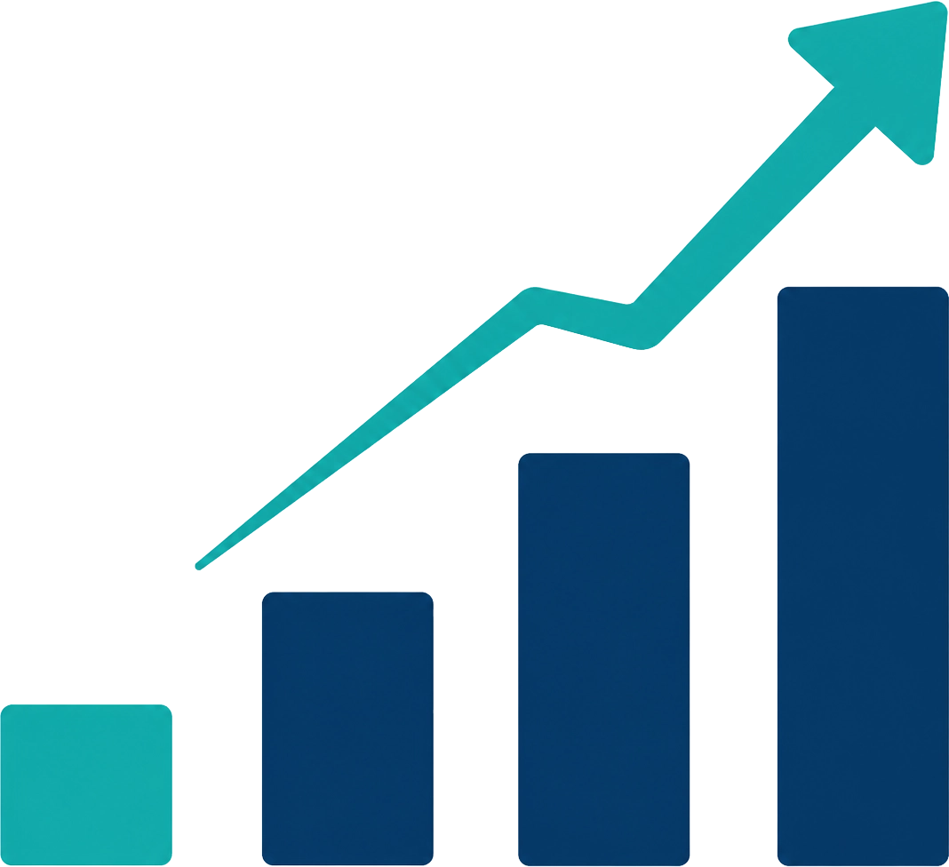 Bar chart with upward arrow representing SEO, search visibility, and business growth.