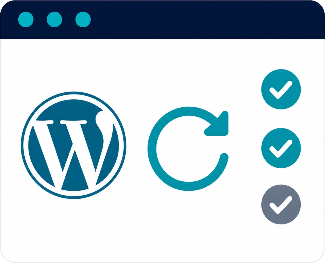 WordPress updates and compatibility illustration showing WordPress core, plugin, and theme updates with a compatibility checklist.