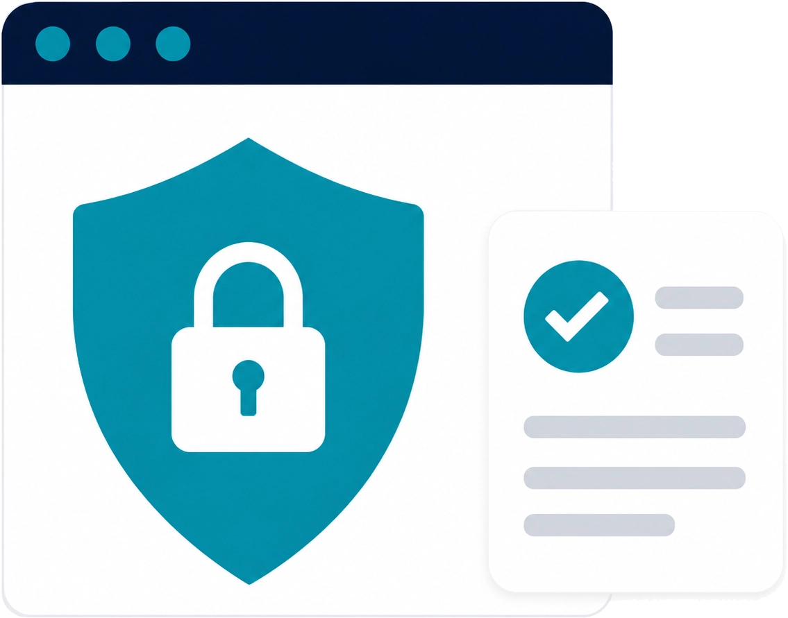 Flat vector illustration representing website security monitoring with a browser window, security shield, and website security checklist.