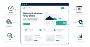 Illustration of a bilingual website ecosystem showing website planning, localization, multilingual SEO, WordPress, maintenance, and business growth connected to a bilingual website.